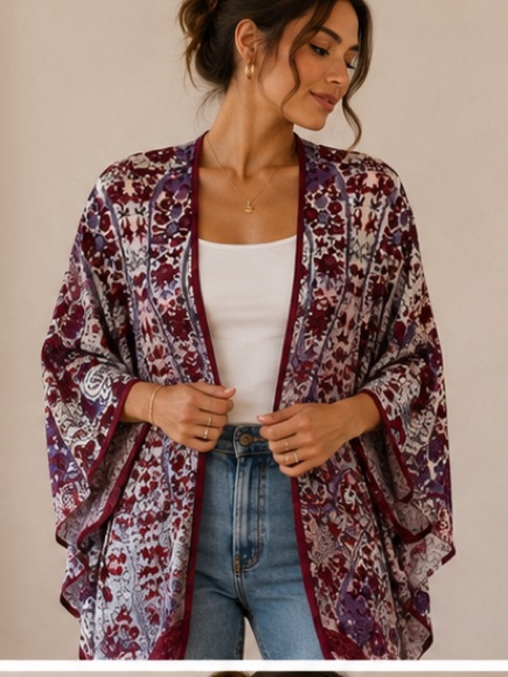 Women's Burgundy & Purple Printed Open Front Kimono Sweater OS